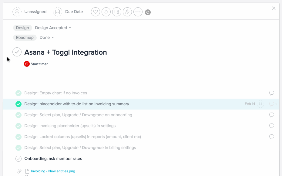 Toggl timer inside Asana