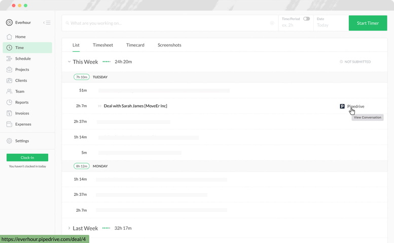 everhour pipedrive time tracking time page