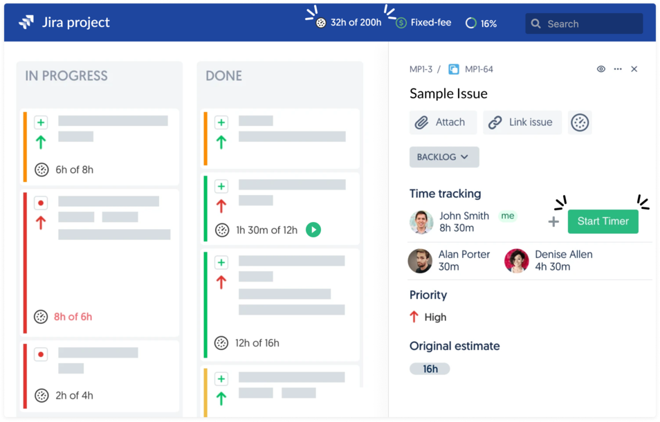 Jira time tracking interface with billing and budget controls