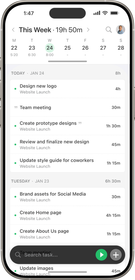 Everhour mobile app on iPhone