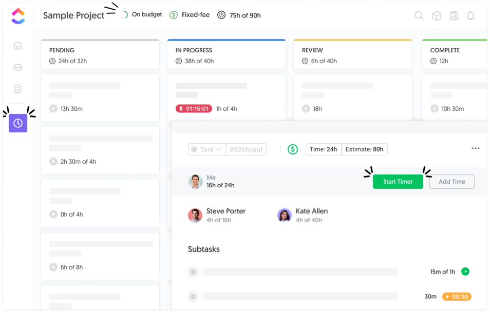 ClickUp time tracking interface with billing and budget controls
