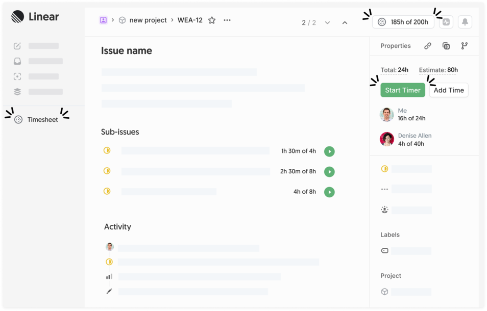 Linear time tracking interface with billing and budget controls