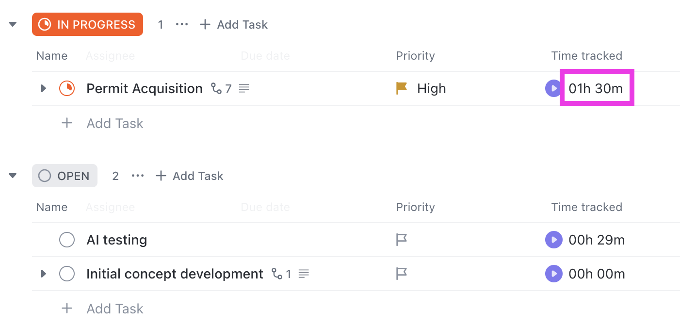 clickup native time tracking
