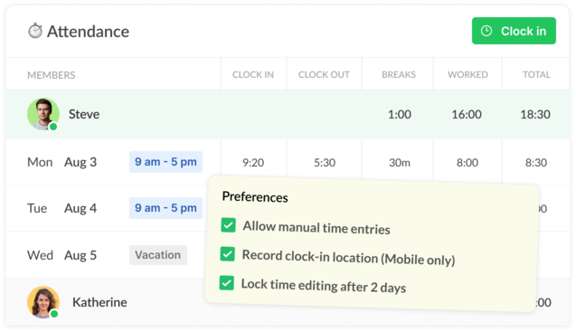 Time clock settings and preferences
