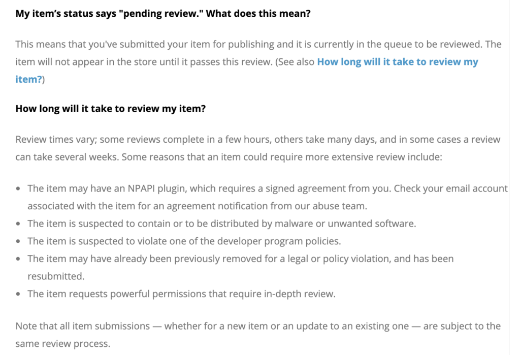 recent chrome extension issues due to delayed review by google