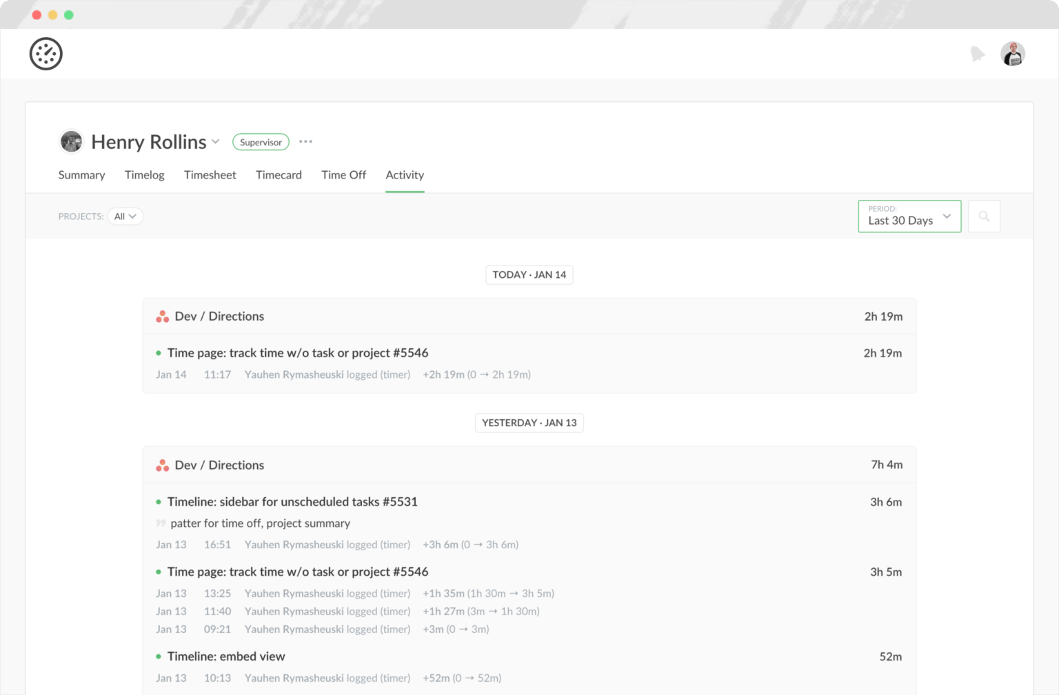 New Activity Tab to View History of Time Changes per Project or Member ...