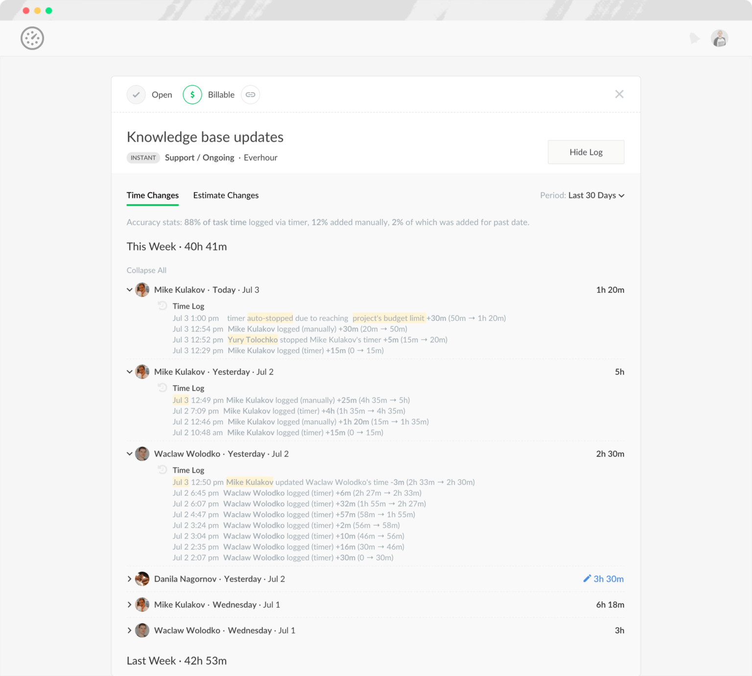 New Activity Tab to View History of Time Changes per Project or Member ...