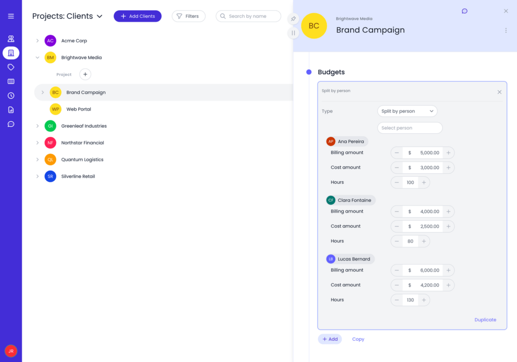 project cost tracking software Beebole screenshot