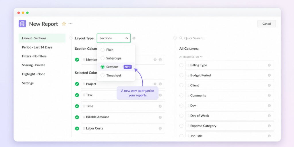 everhour reports sections option